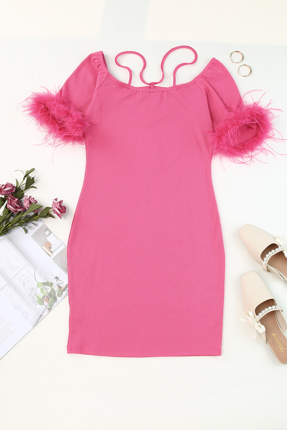 Rose Ribbed Off Shoulder Feather Cuff Bodycon Dress-yoyobikini