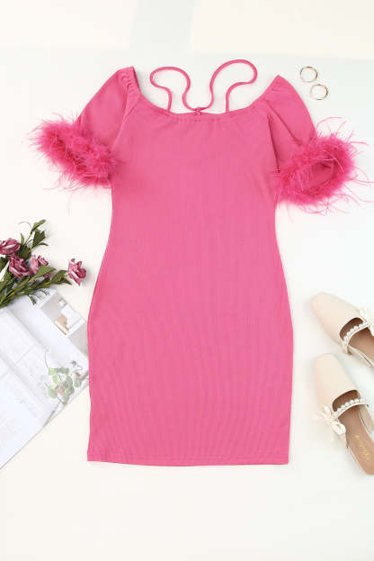 Rose Ribbed Off Shoulder Feather Cuff Bodycon Dress-yoyobikini