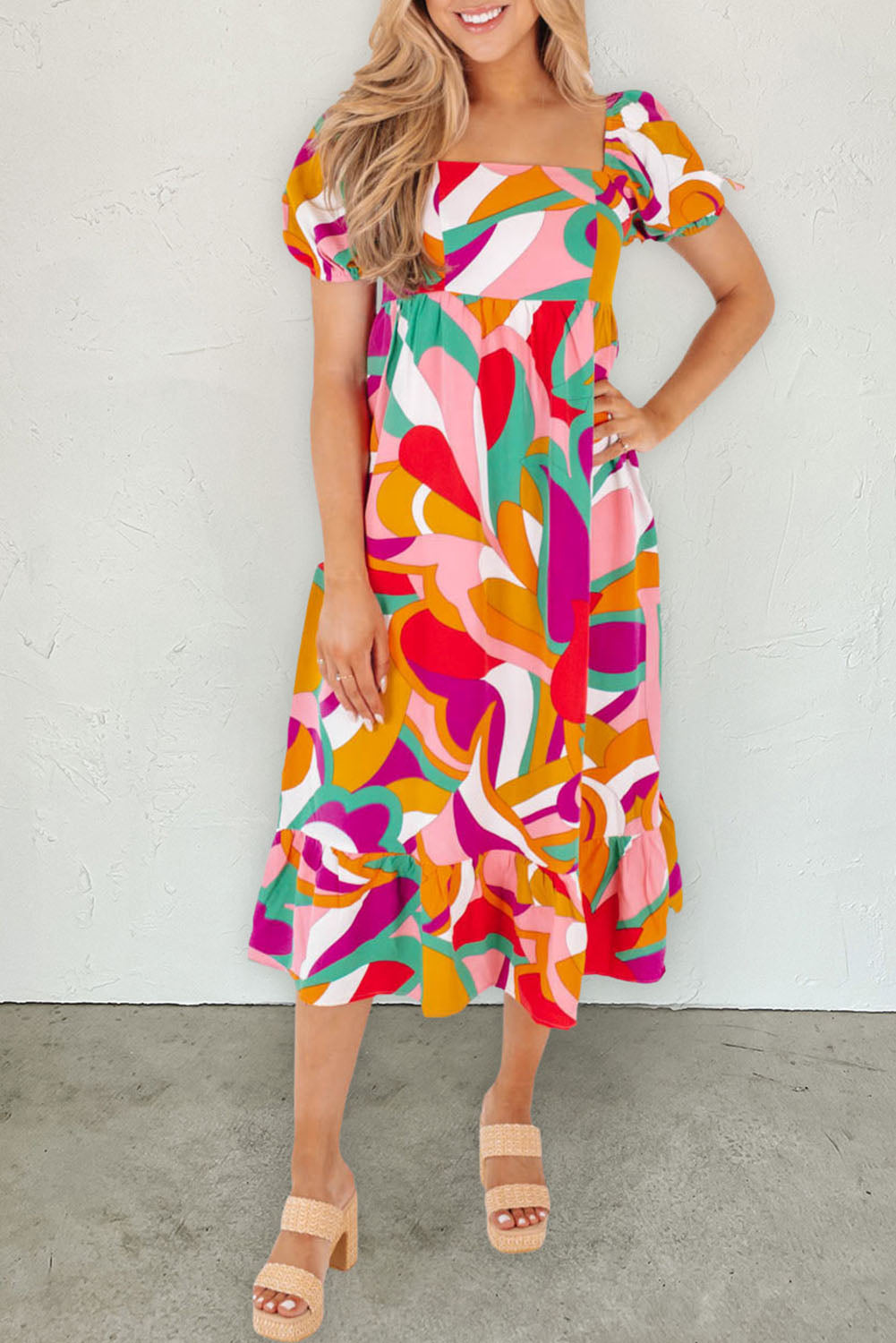 Red Abstract Print Square Neck Flowy Midi Dress-yoyobikini
