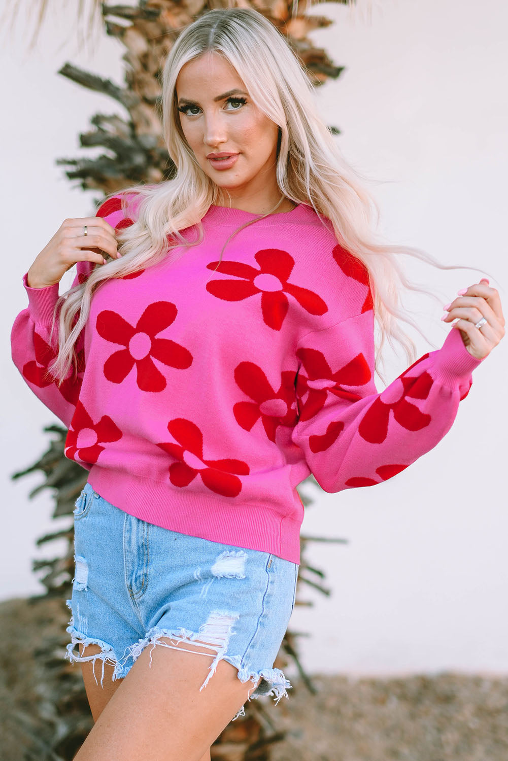 Rose Big Flower Knit Ribbed Trim Sweater-yoyobikini