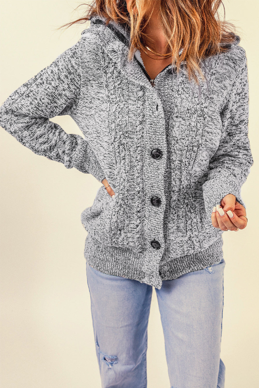 Dark Gray Long Sleeve Button-up Hooded Cardigans-yoyobikini