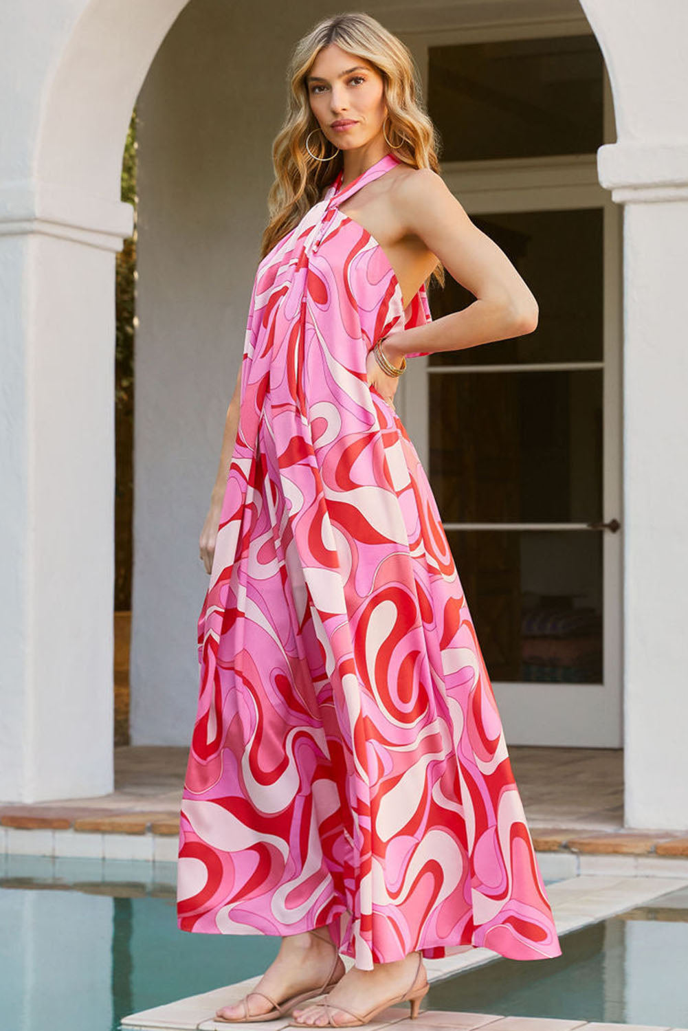 Pink Abstract Swirl Print Halter Maxi Dress-yoyobikini