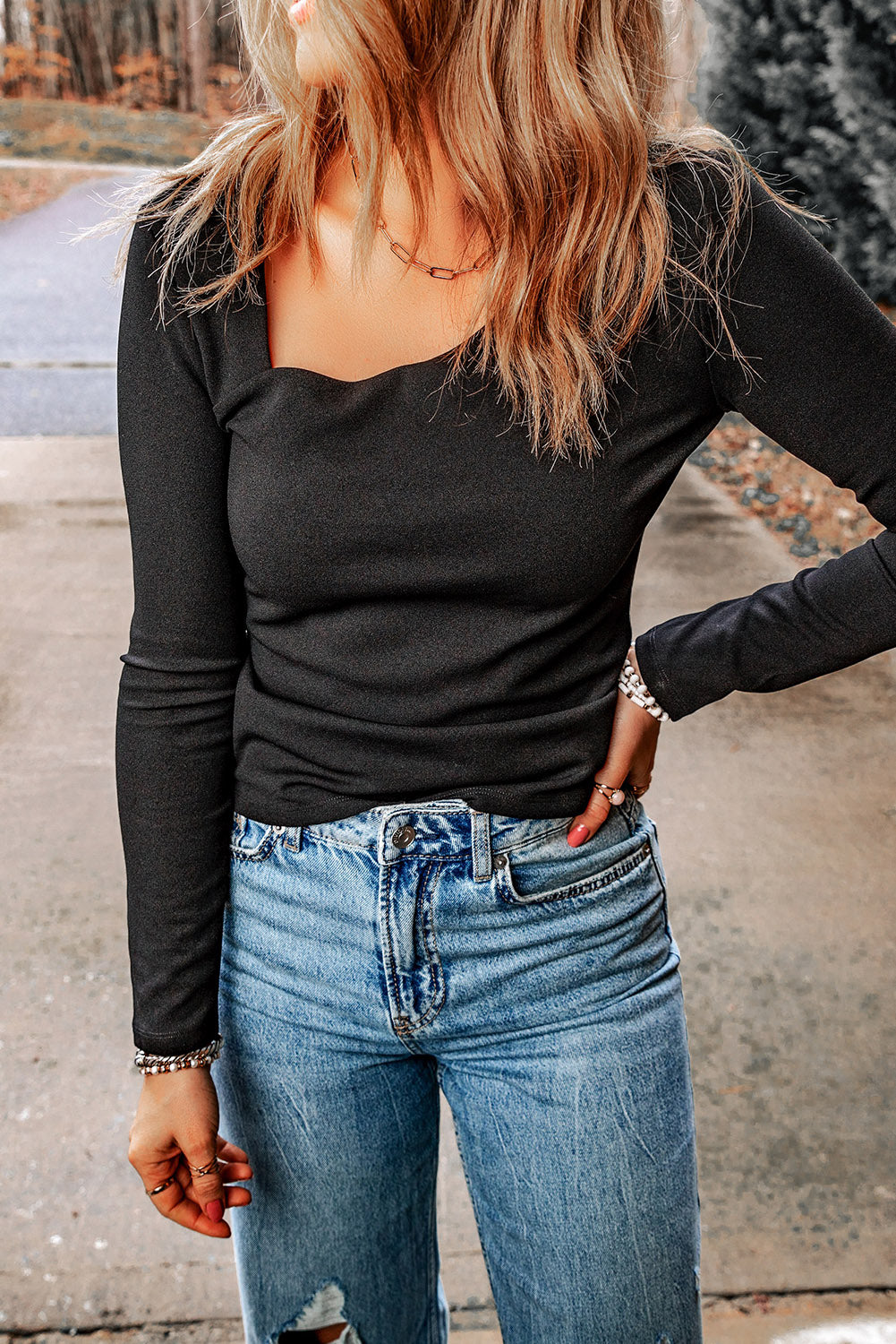 Black Asymmetric Neckline Slim Fit Long Sleeve Top-yoyobikini