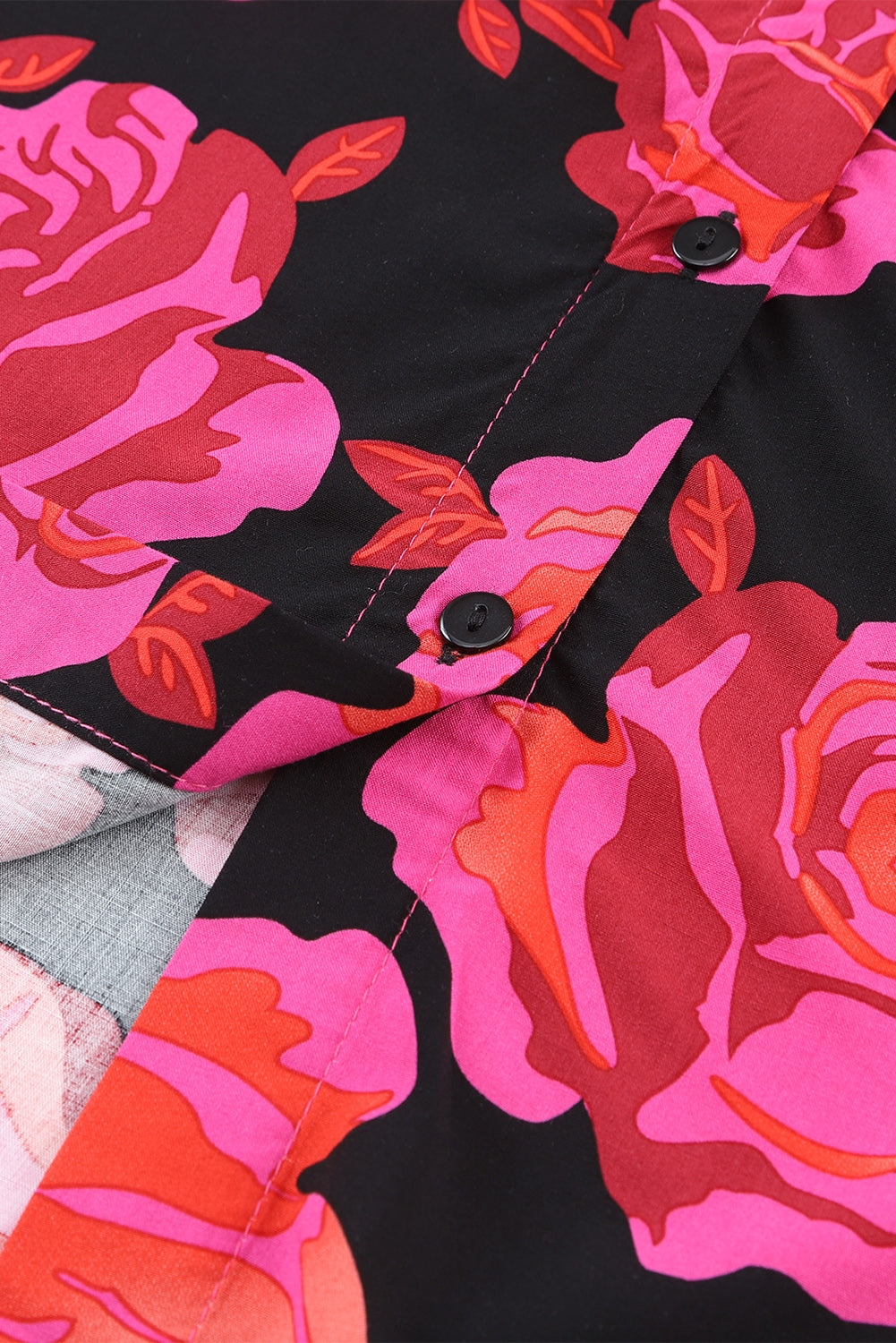 Rose Floral Shirred Cuffs Long Sleeve Shirt-yoyobikini