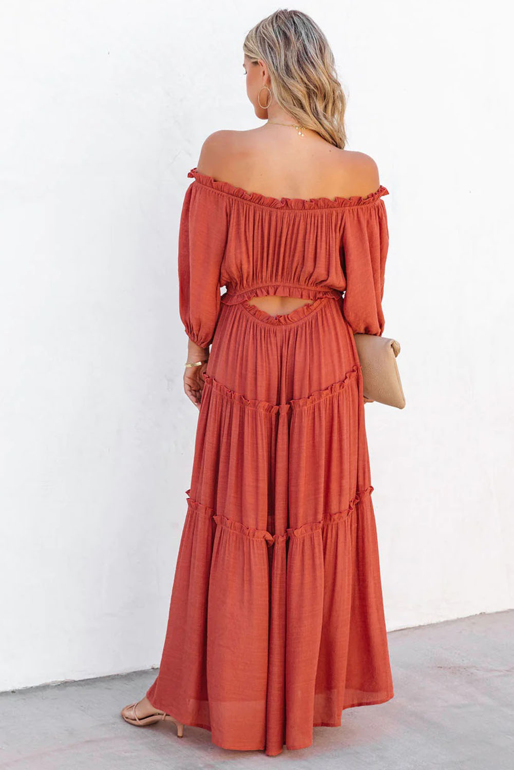 Orange Off Shoulder Balloon Sleeve Cutout Ruffled Maxi Dress-yoyobikini