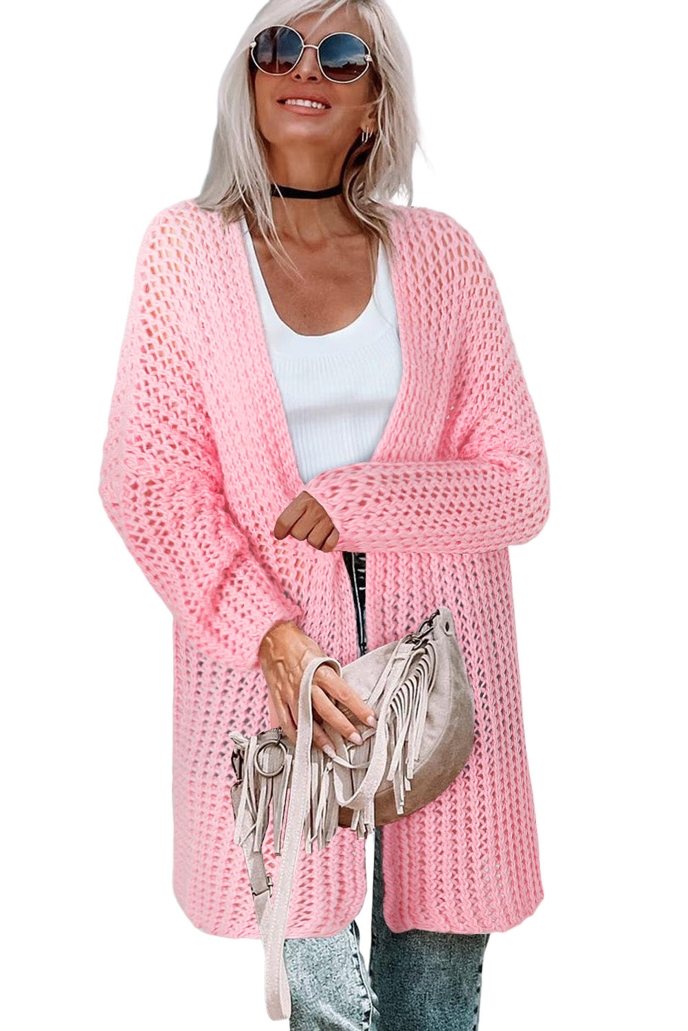 Pink Open Knit Long Sleeve Oversized Cardigan-yoyobikini