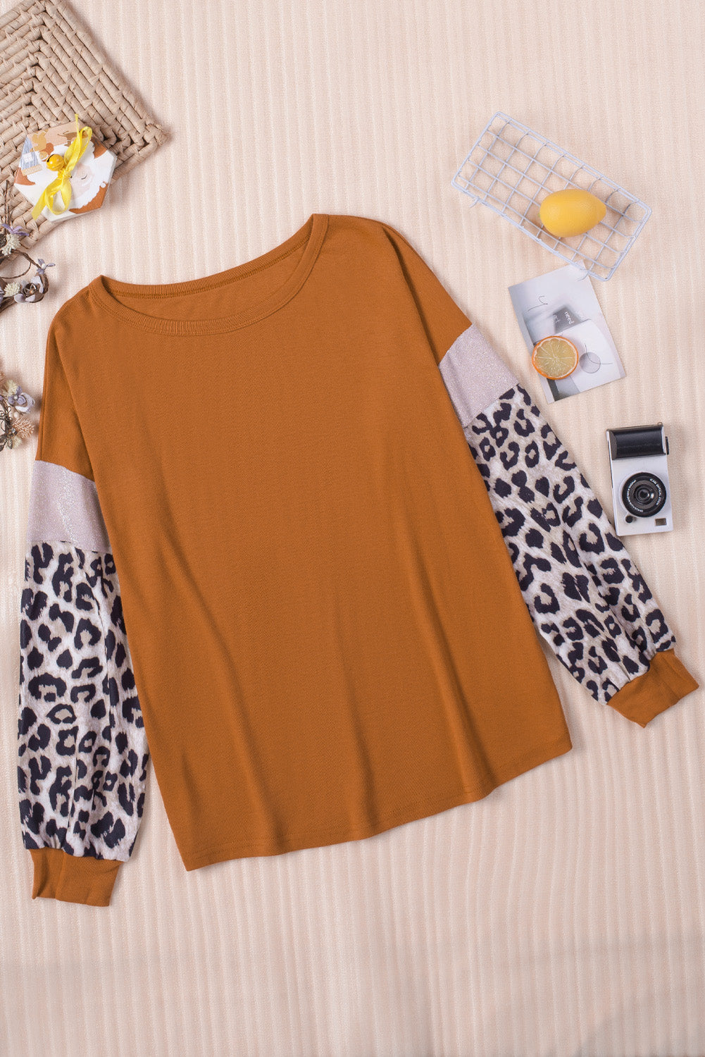Brown Leopard Sequin Patchwork Long Sleeve Top-yoyobikini