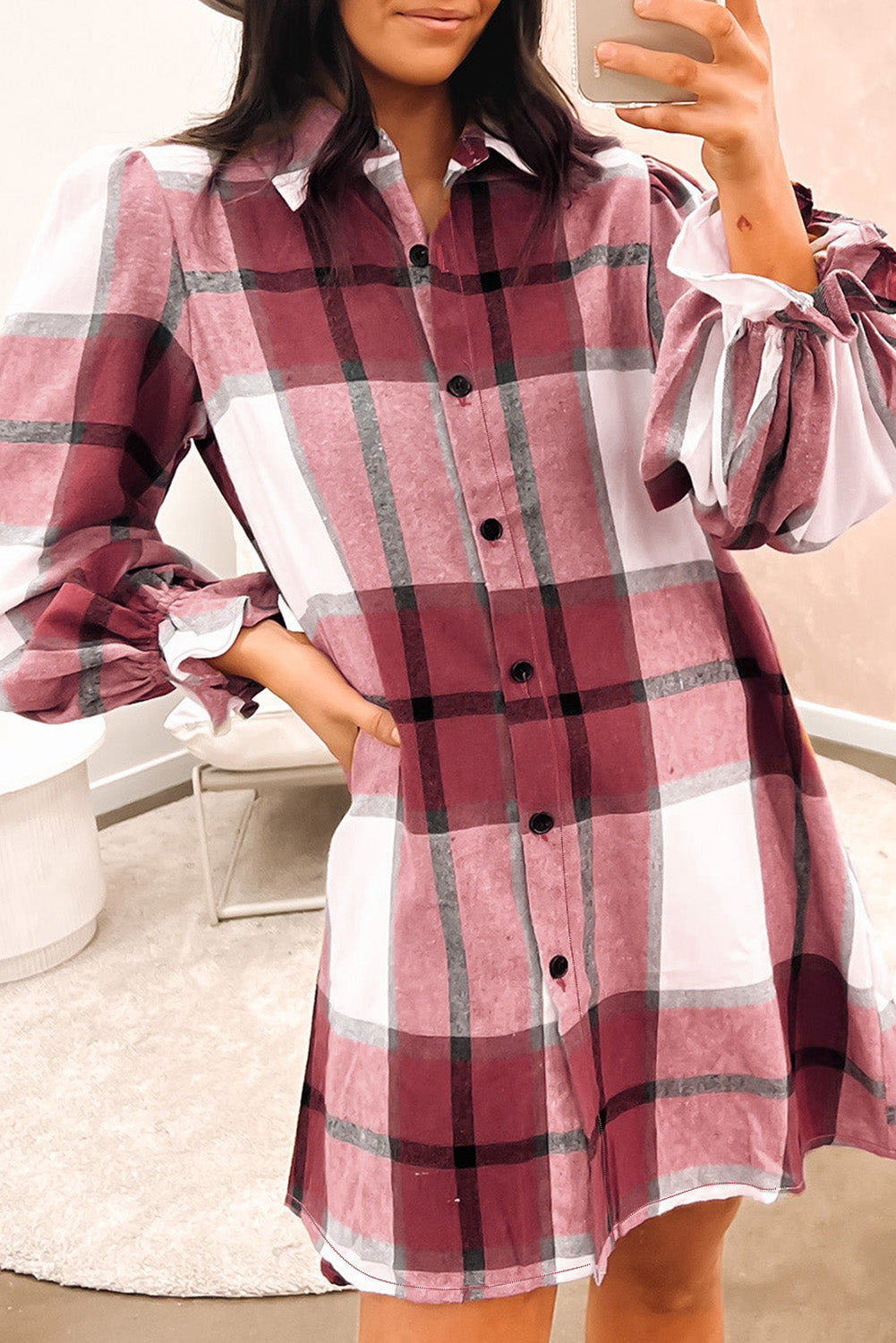 Brown Plaid Pattern Collared Neck Ruffled Sleeve Shirt Dress-yoyobikini