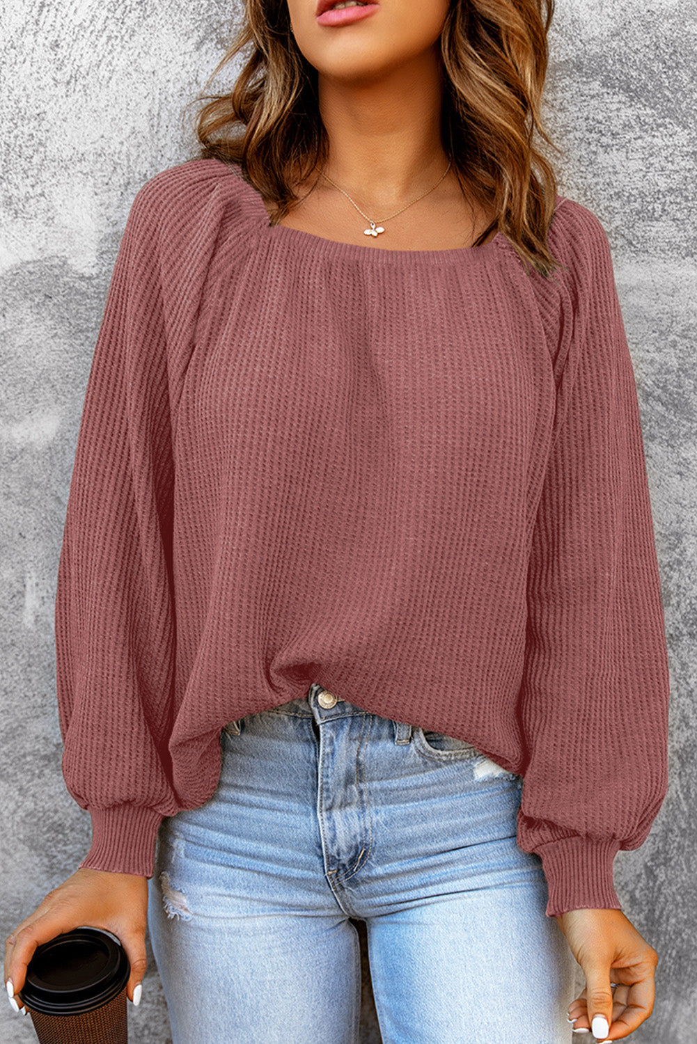 Square Neck Puff Sleeve Waffle Knit Top-yoyobikini