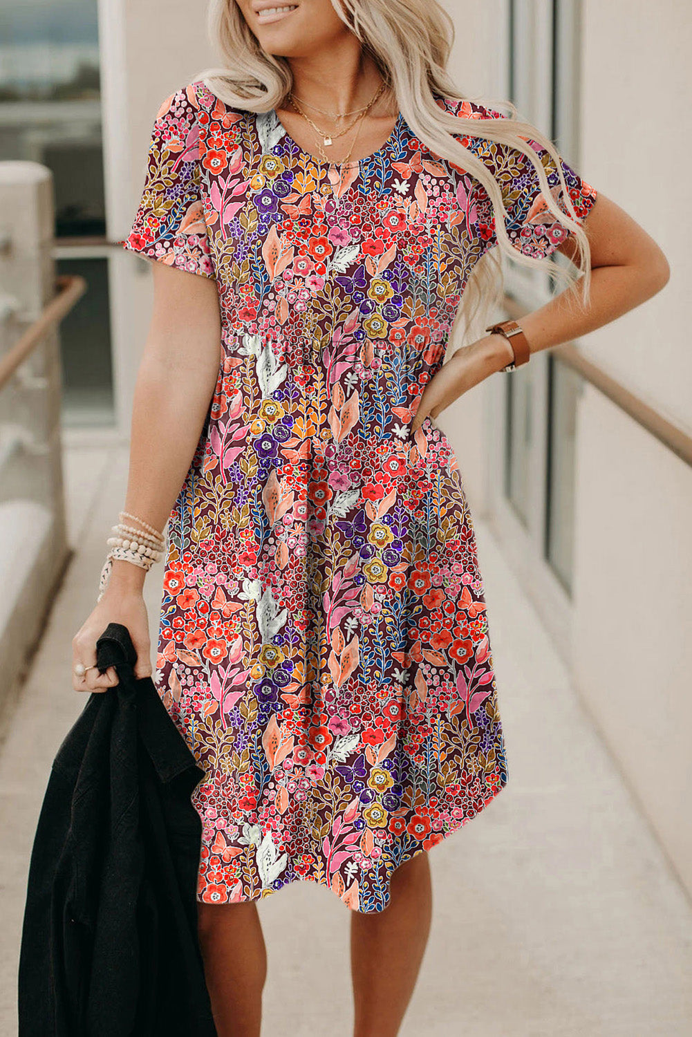 Floral Print Short Sleeve A-line Dress-yoyobikini