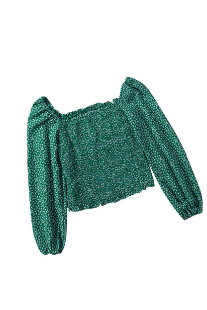 Green Square Neck Puff Sleeve Floral Smocked Top-yoyobikini