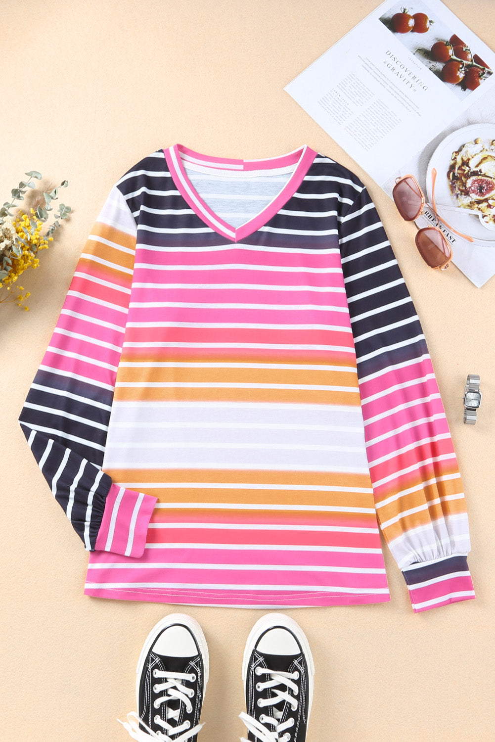 Multicolor Gradient Striped Long Sleeve V-Neck Blouse-yoyobikini