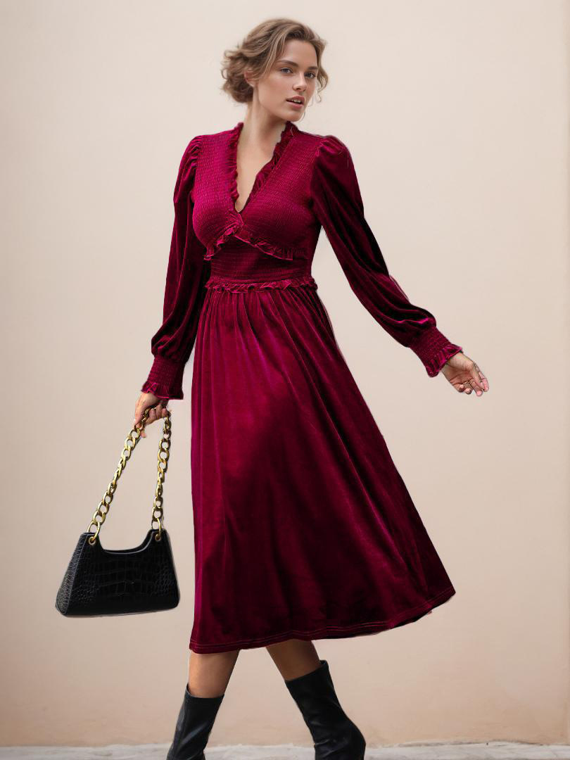 Velvet Dress V-Neck Long Sleeves Ruffles Trim A-Line Day Dresses