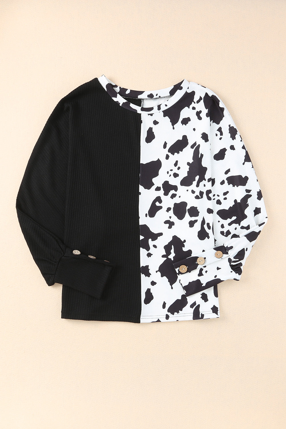 Black Cow Patchwork Waffle Knit Long Sleeve Top-yoyobikini