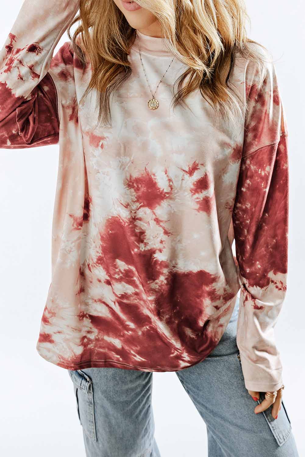 Red Tie Dye Crew Neck Long Sleeve Top-yoyobikini