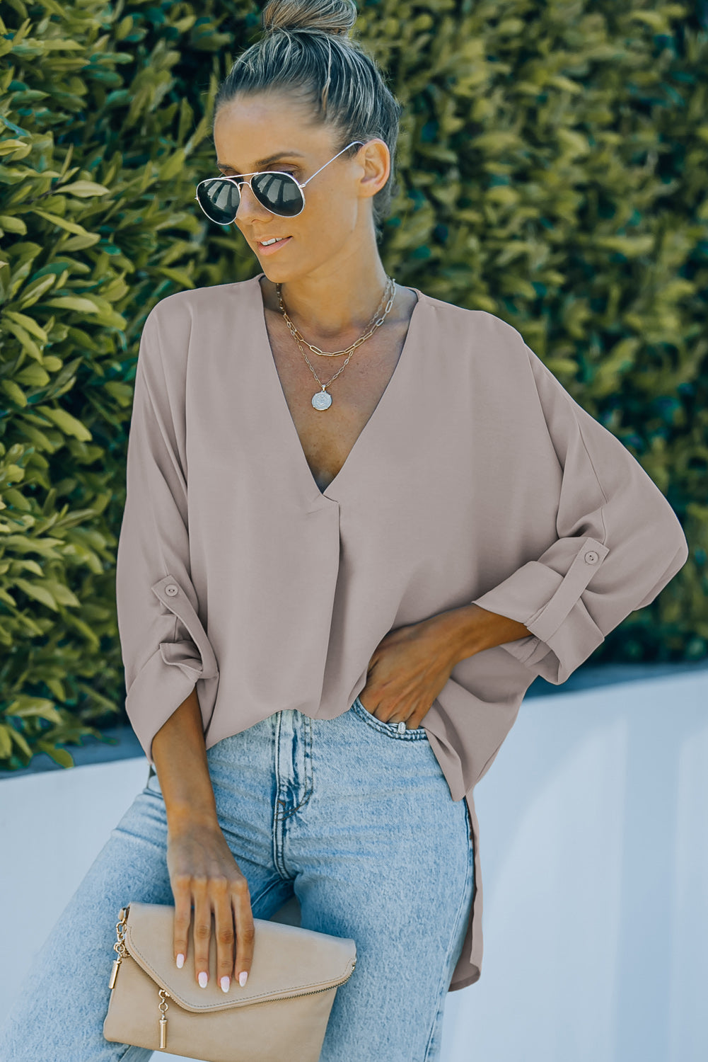 Apricot V Neck 3/4 Sleeve High Low Hem Shirt-yoyobikini