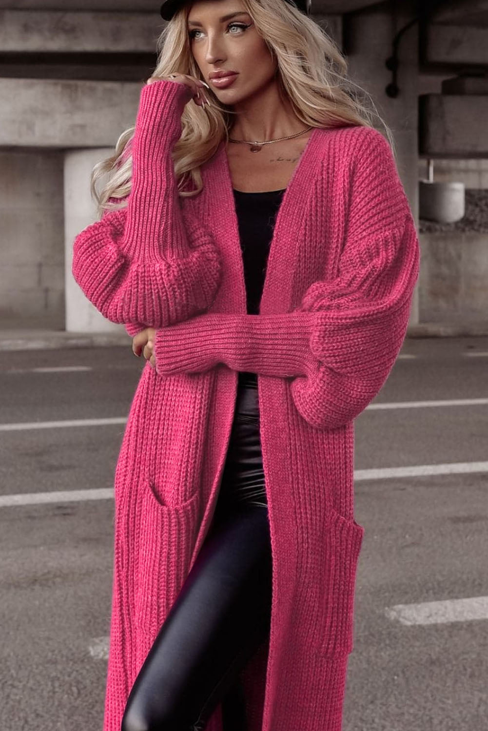 Rose Side Pockets Bubble Sleeve Knitted Cardigan-yoyobikini