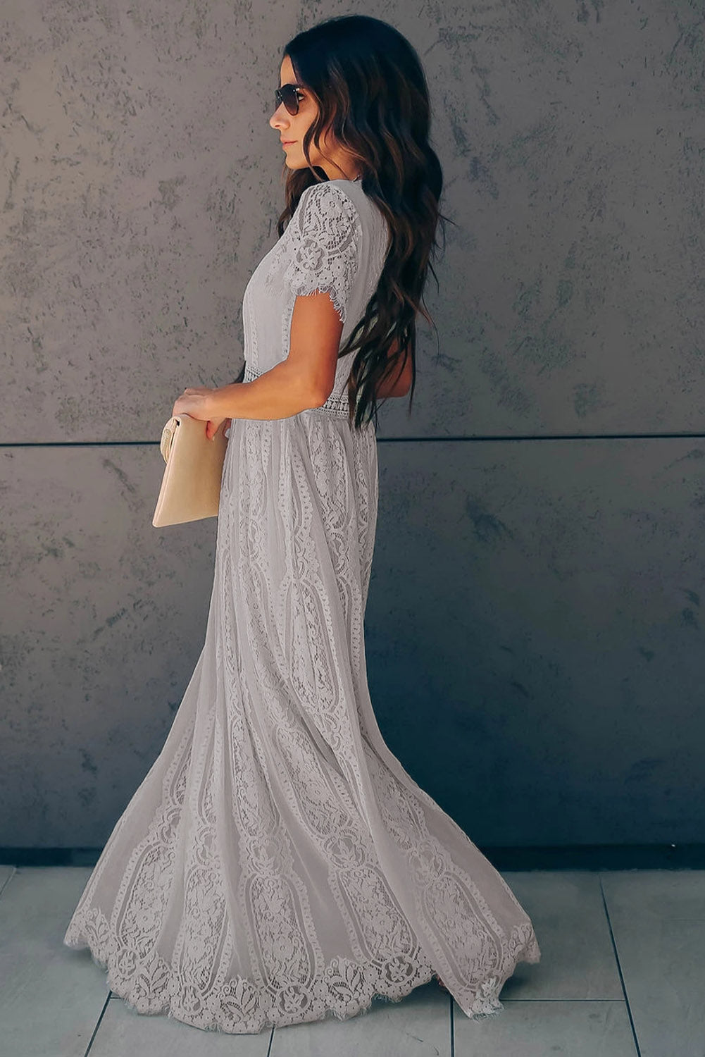 Gray Blue Fill Your Heart Lace Maxi Dress-yoyobikini
