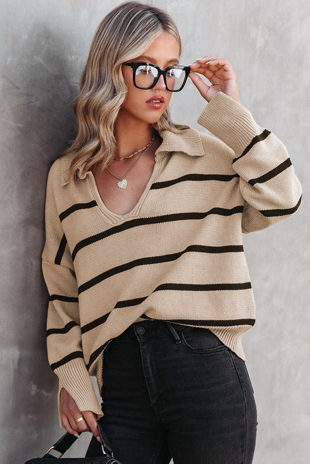 Khaki Striped Knit Collared Pullover Sweater-yoyobikini