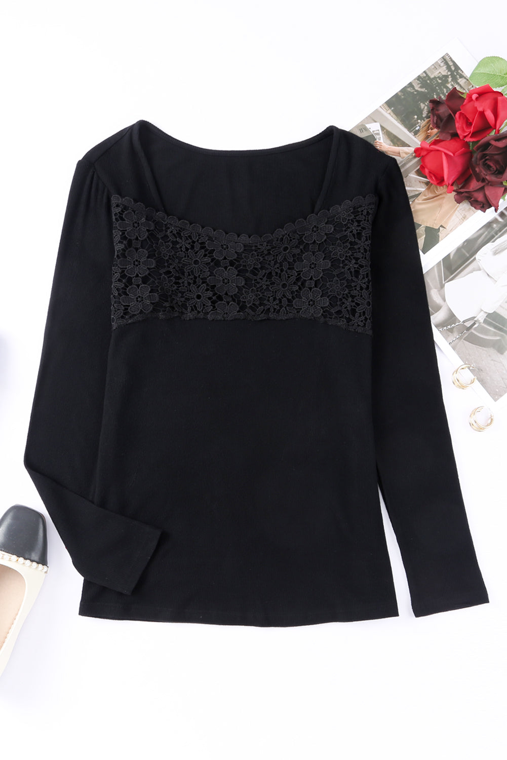 Black Lace Crochet V Neck Long Sleeve Top-yoyobikini