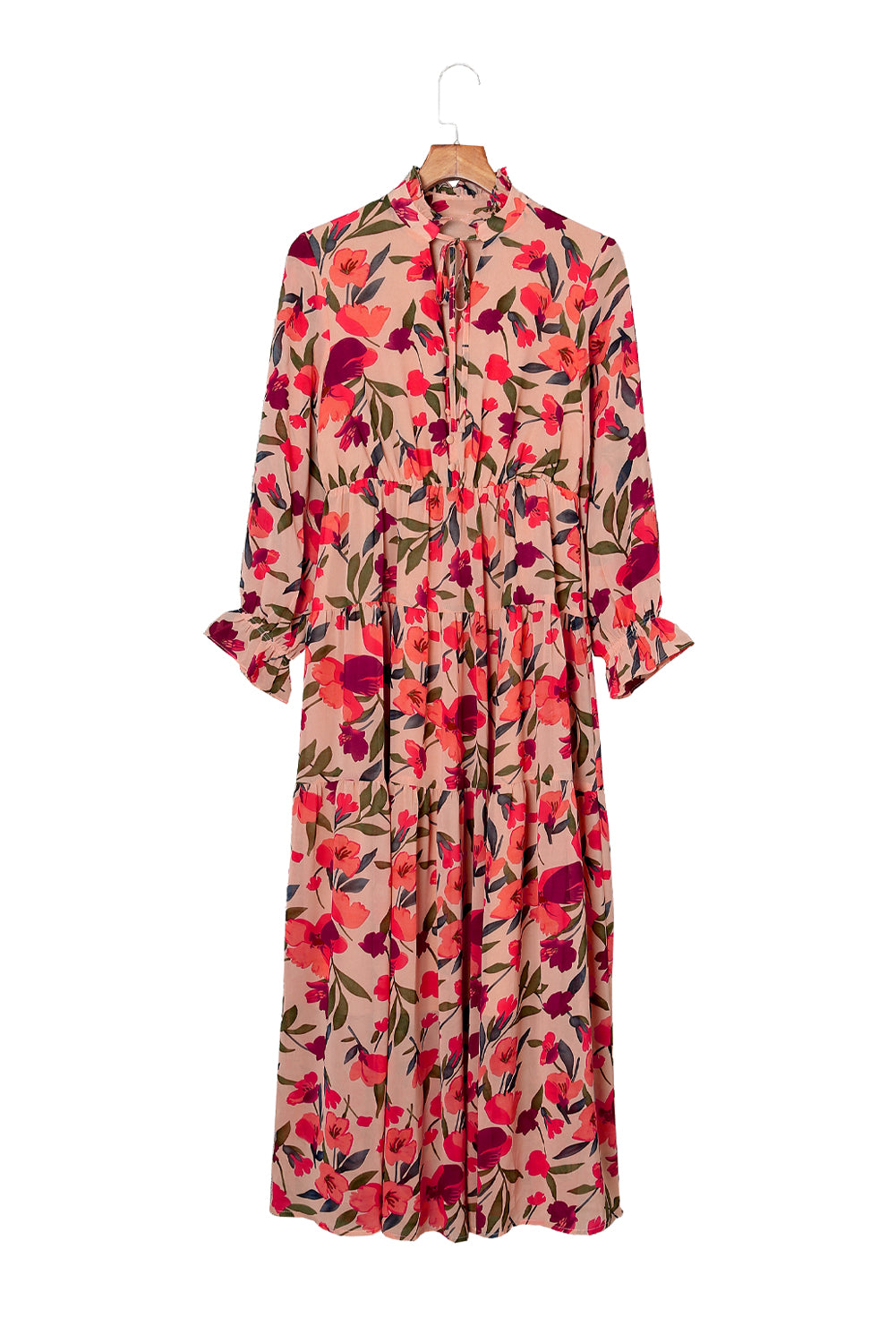 Red Frilled Collar Long Sleeve Tiered Maxi Floral Dress-yoyobikini