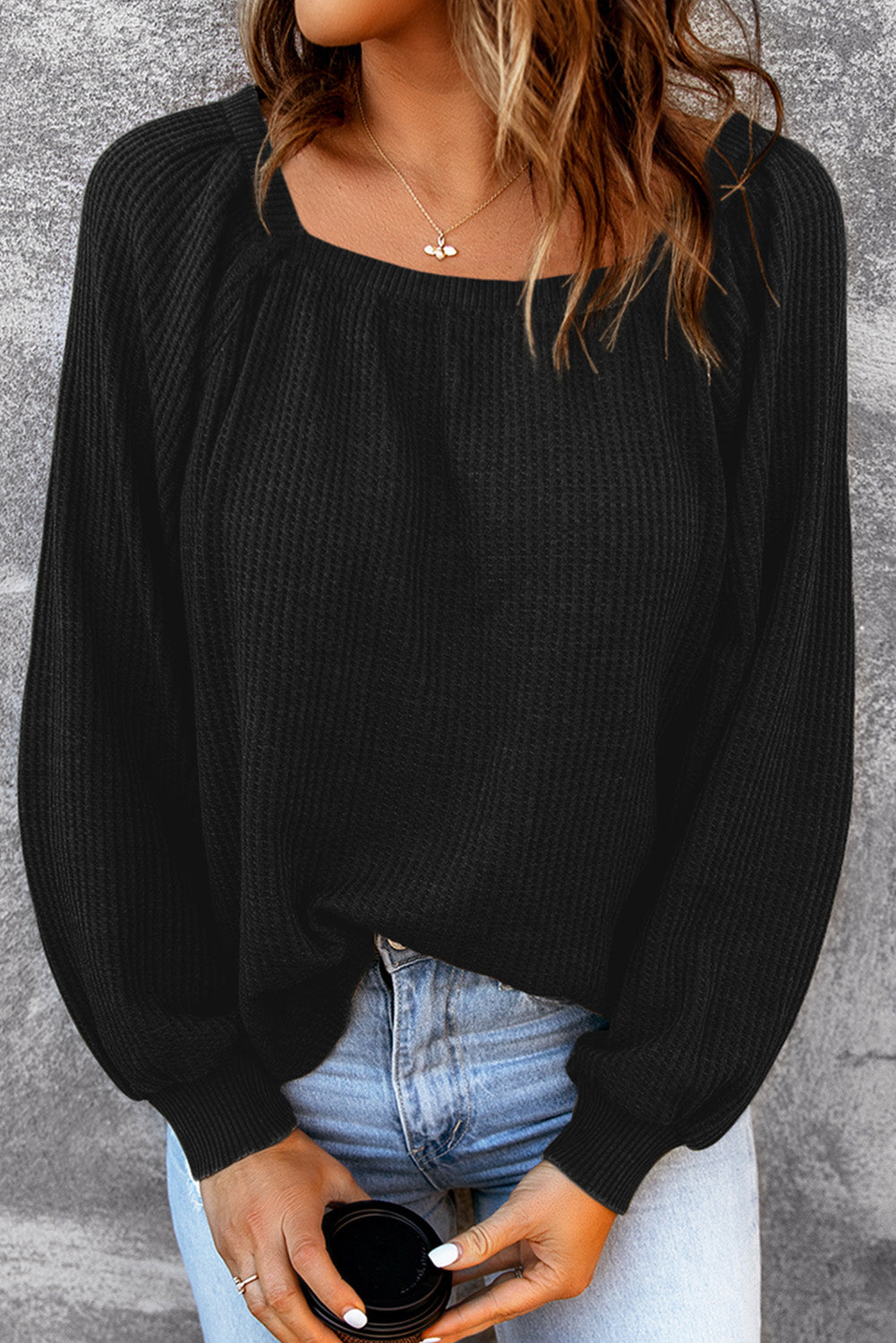 Black Scoop Neck Puff Sleeve Waffle Knit Top-yoyobikini