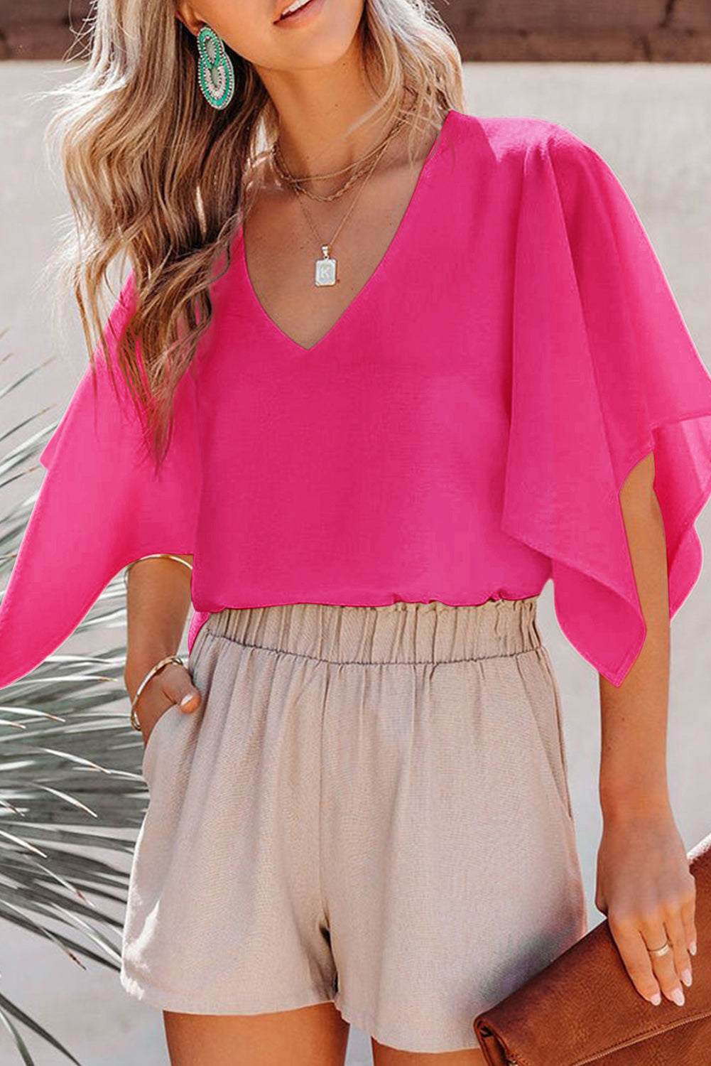 Rose Plain Flounce Bell Sleeve V Neck Blouse-yoyobikini