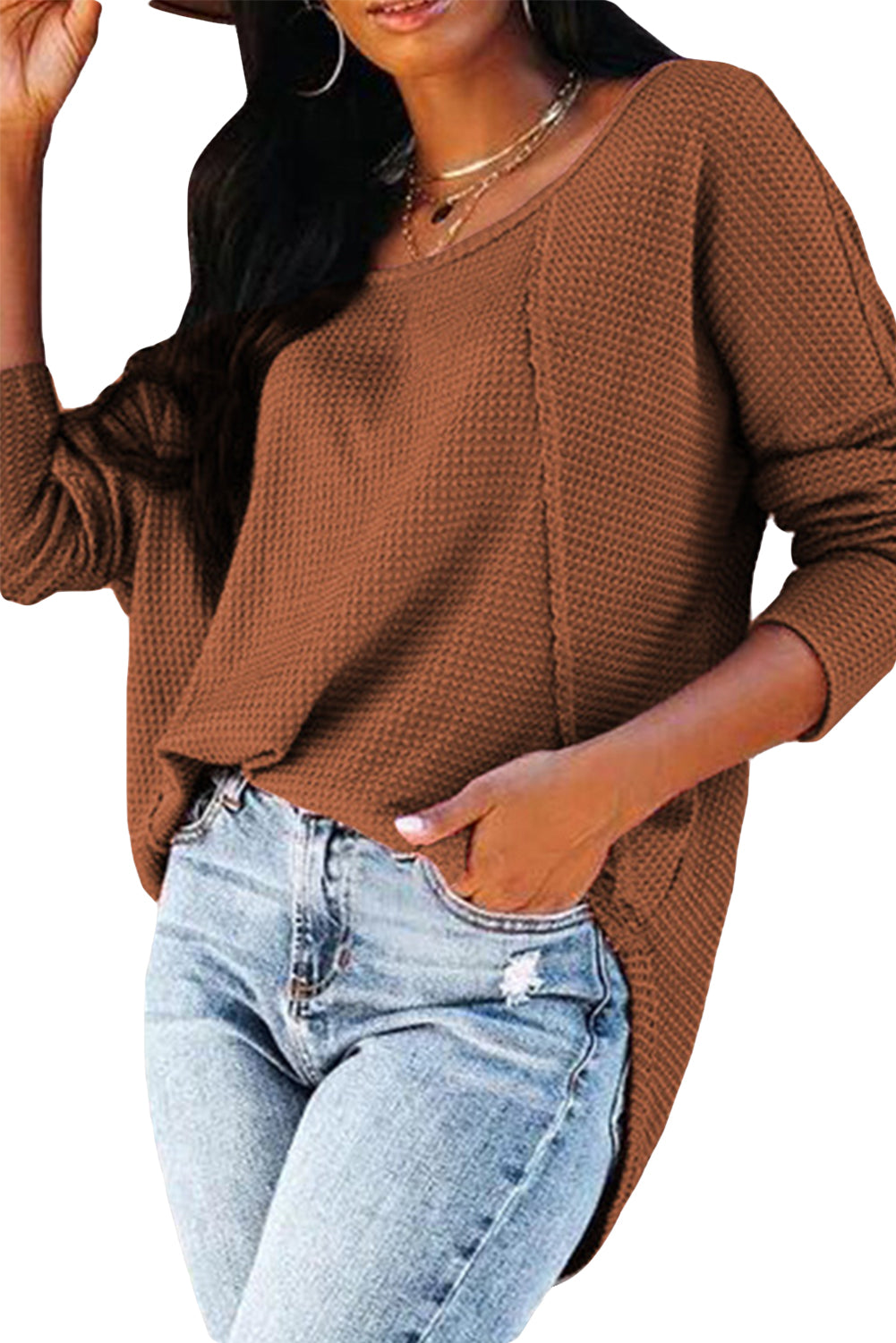 Brown Waffle Knit Splicing Buttons Long Sleeve Top-yoyobikini