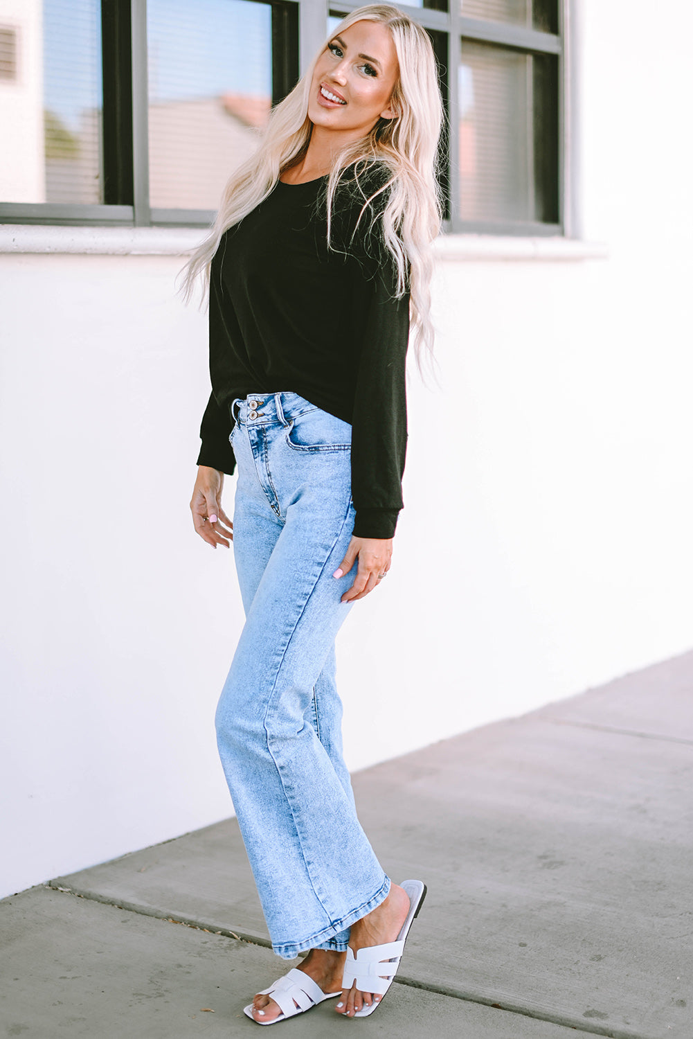 Black Solid Casual Round Neck Raglan Long Sleeve Tee-yoyobikini