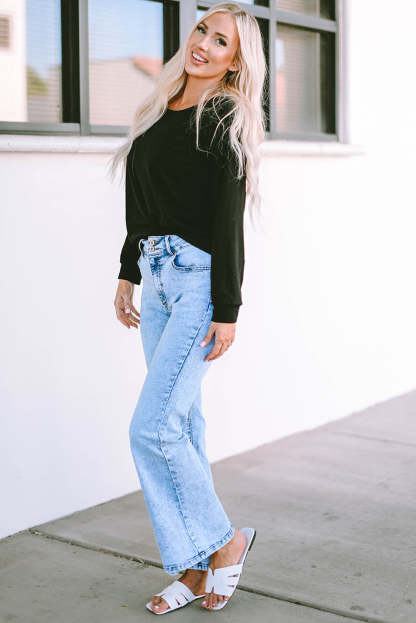 Black Solid Casual Round Neck Raglan Long Sleeve Tee-yoyobikini