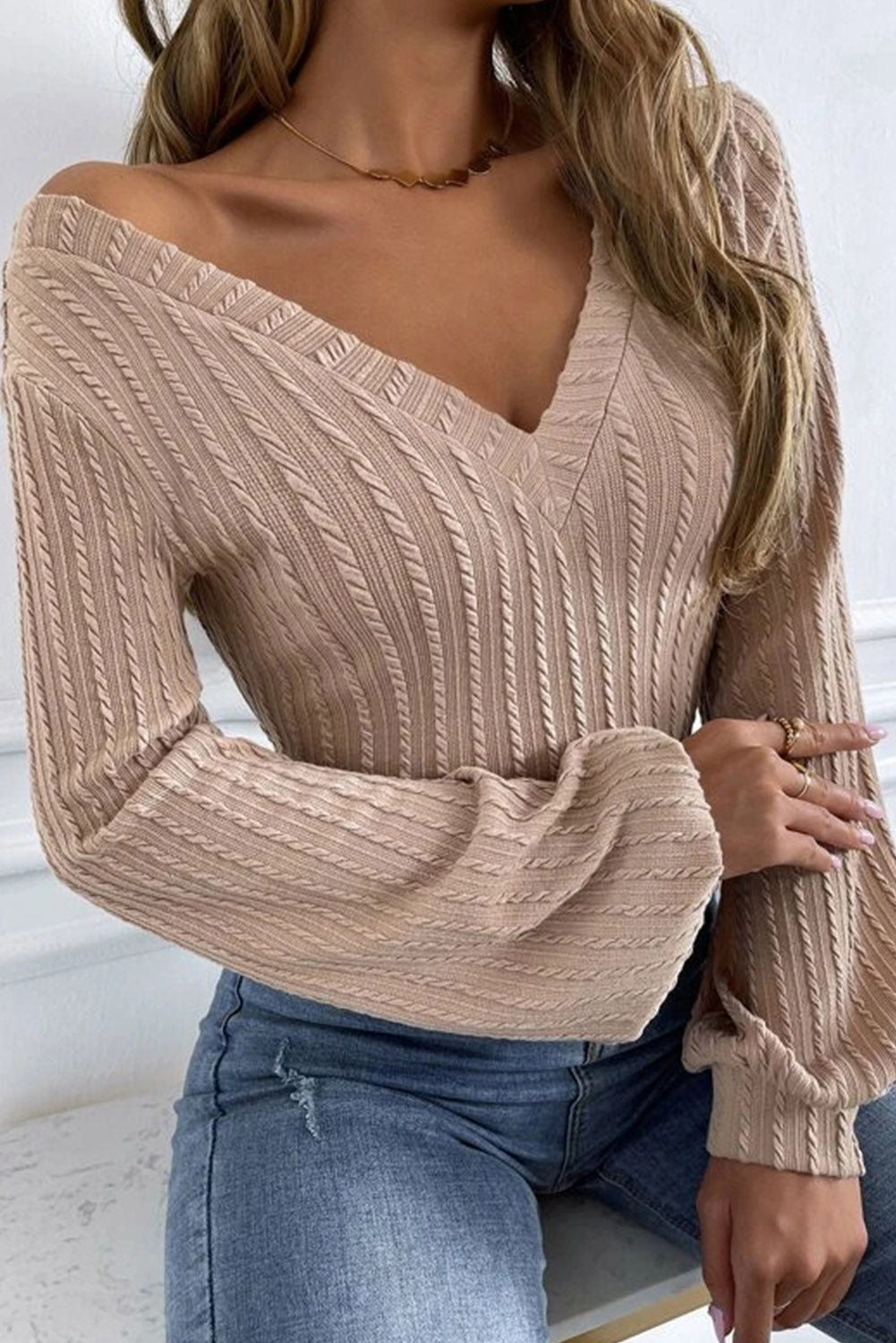 Khaki Knitted Jacquard V Neck Lantern Sleeve Top-yoyobikini