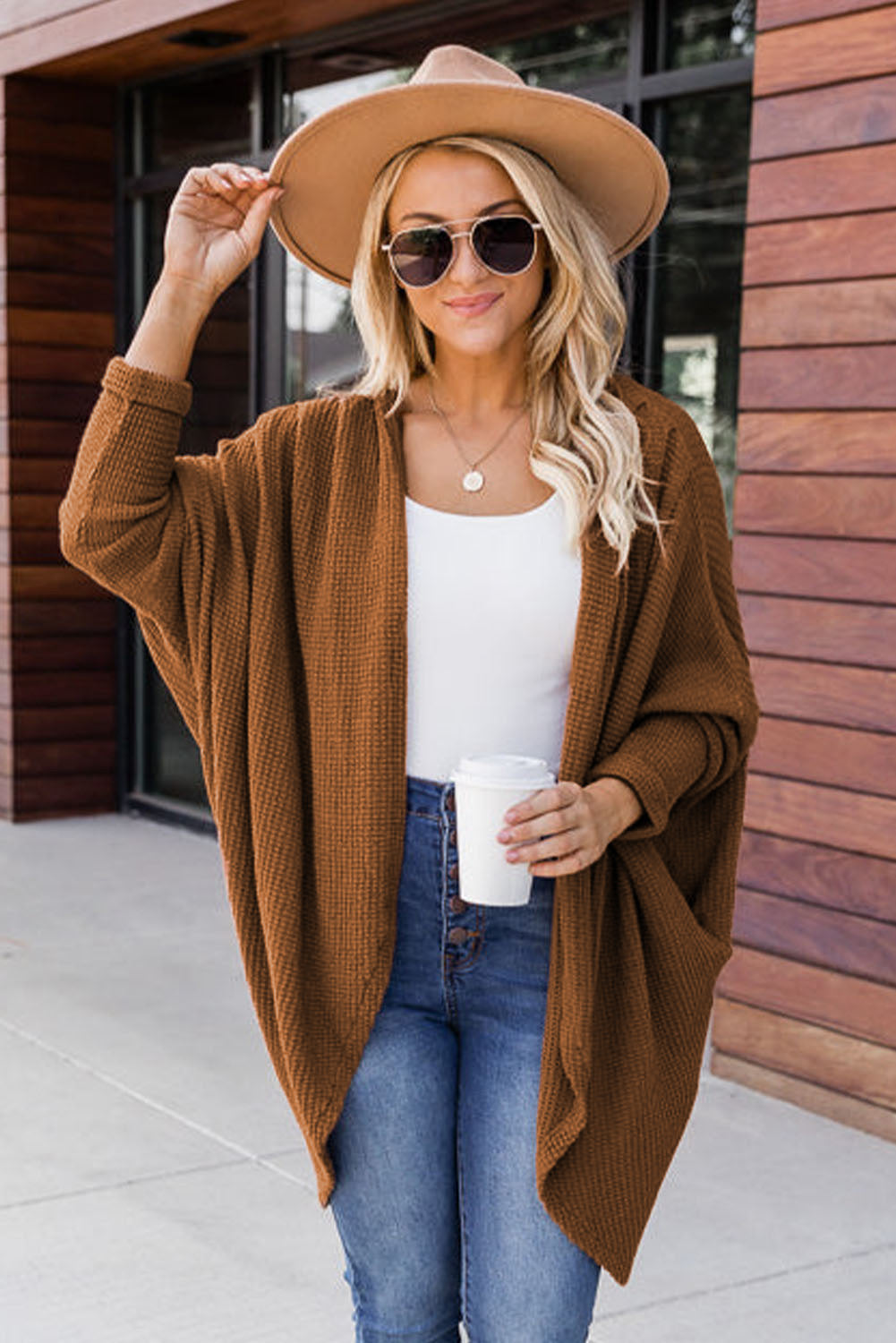 Brown Waffle Knit Open Front Rounded Hem Cardigan-yoyobikini