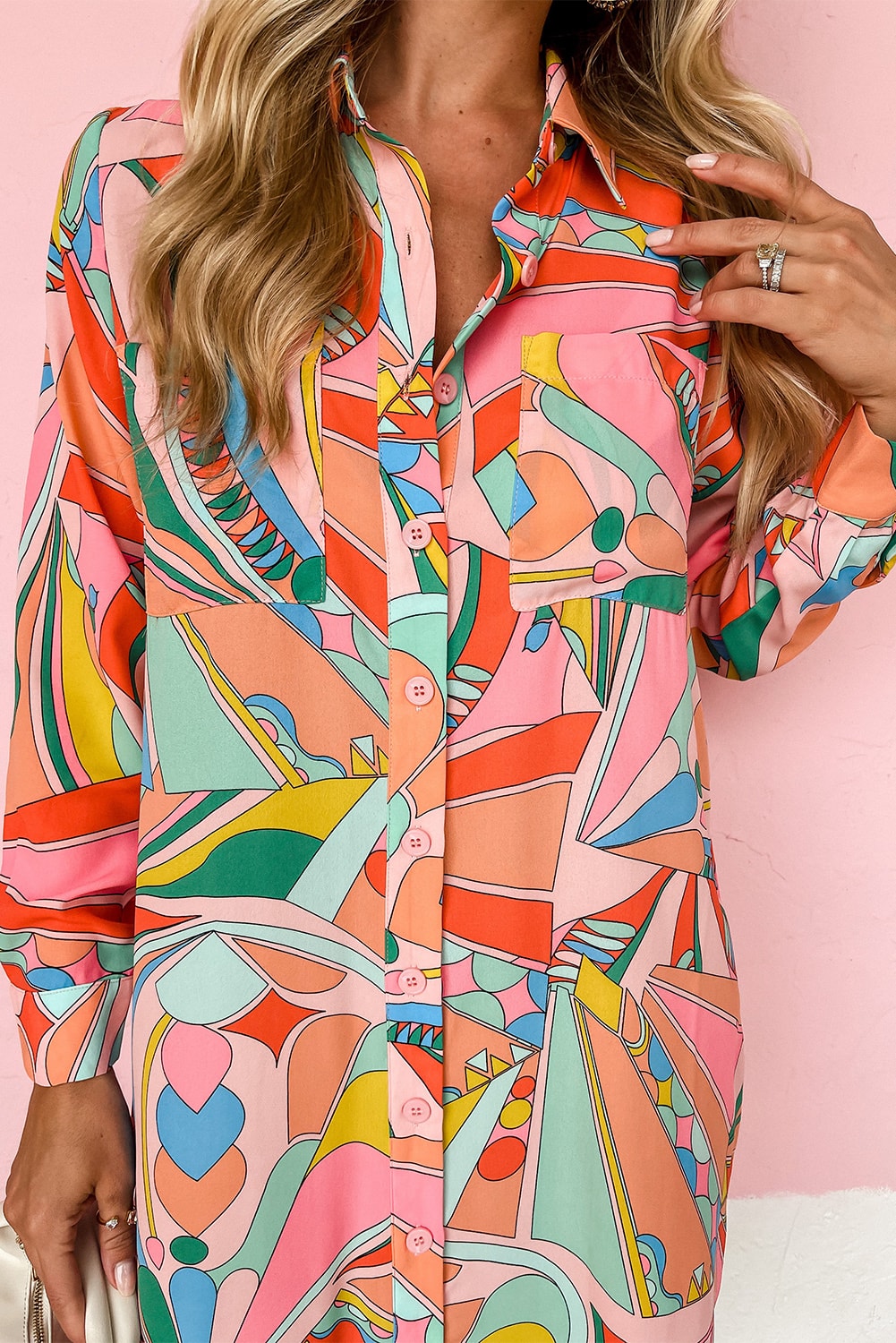 Multicolor Geometric Abstract Print Long Sleeve Shirt Dress-yoyobikini