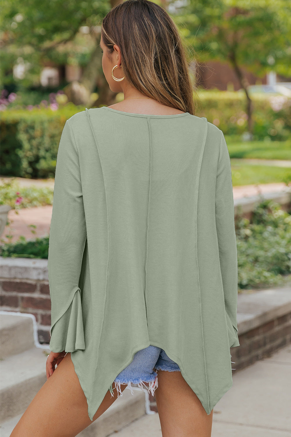 Green Ribbed Expose Seam Bell Sleeve Top-yoyobikini