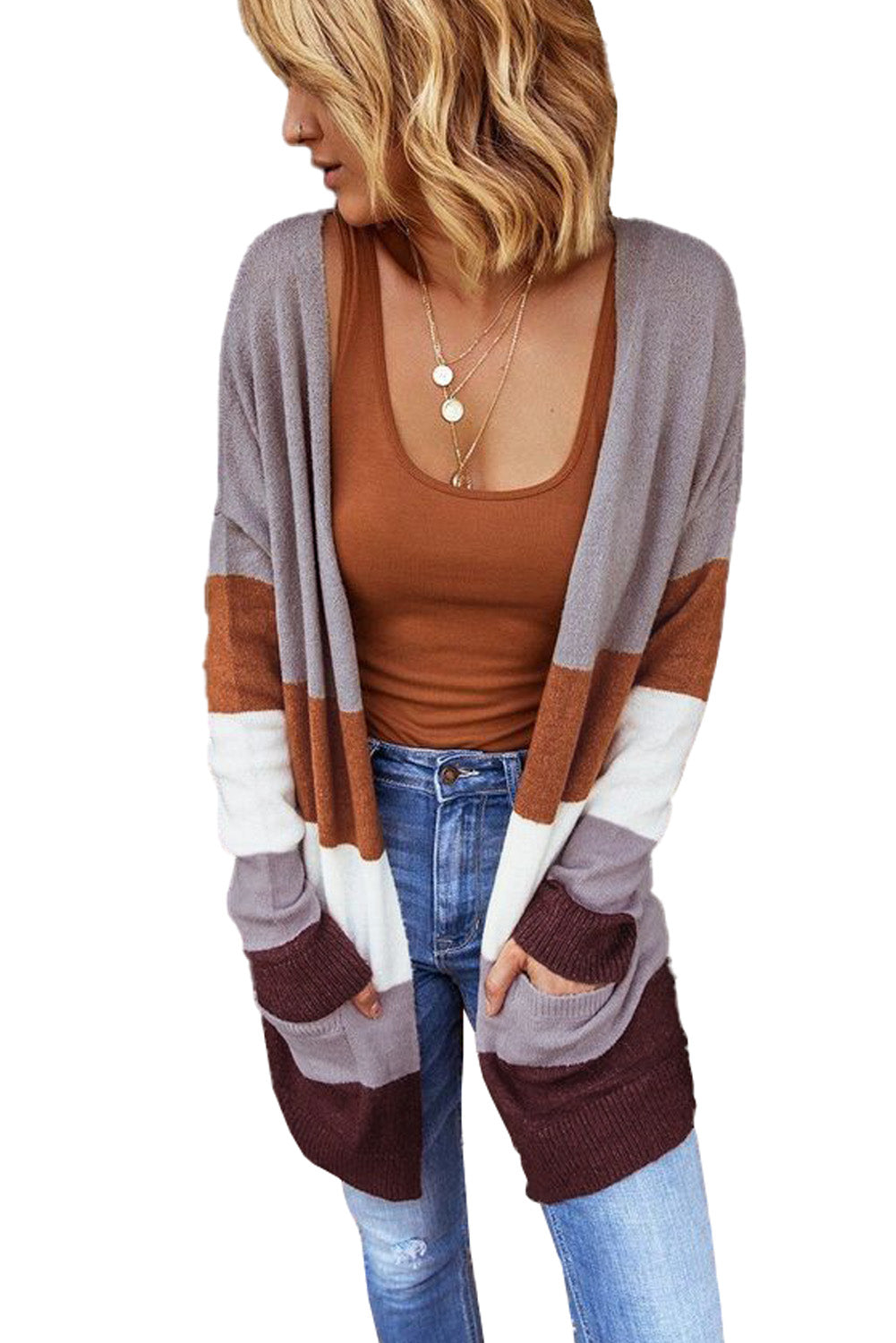 Open Front Colorblock Cardigan with Pockets-yoyobikini