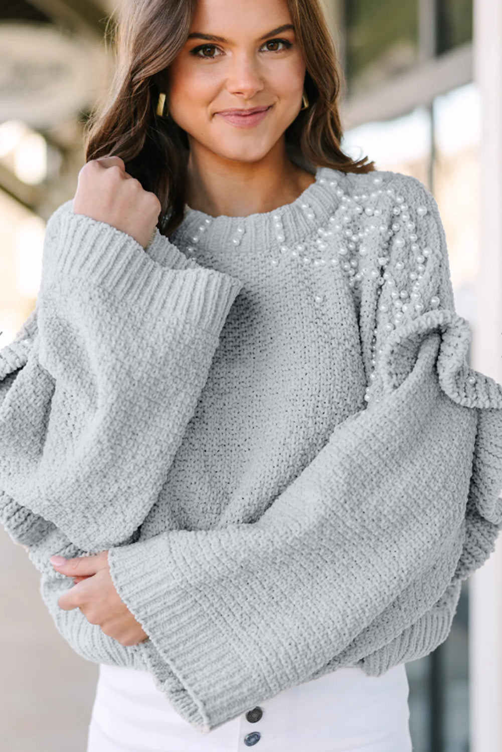 Gray Pearl Embellished Ruffle Wide Sleeve Sweater-yoyobikini