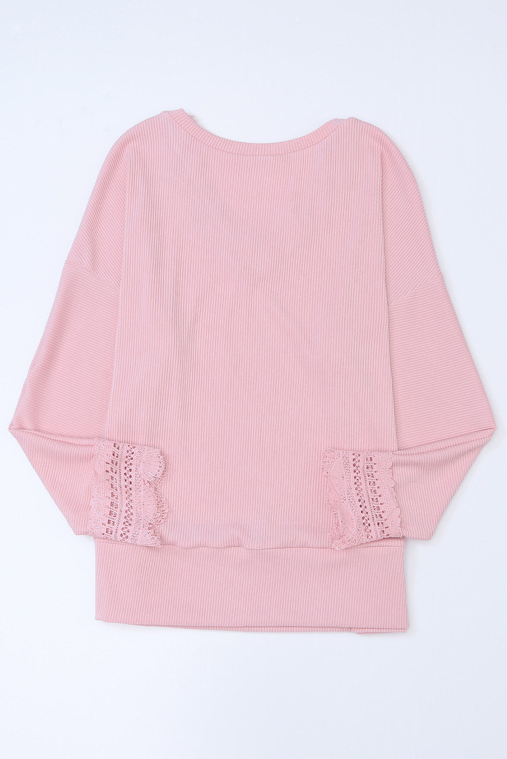 Pink Ribbed Texture Lace Trim V Neck Long Sleeve Top-yoyobikini