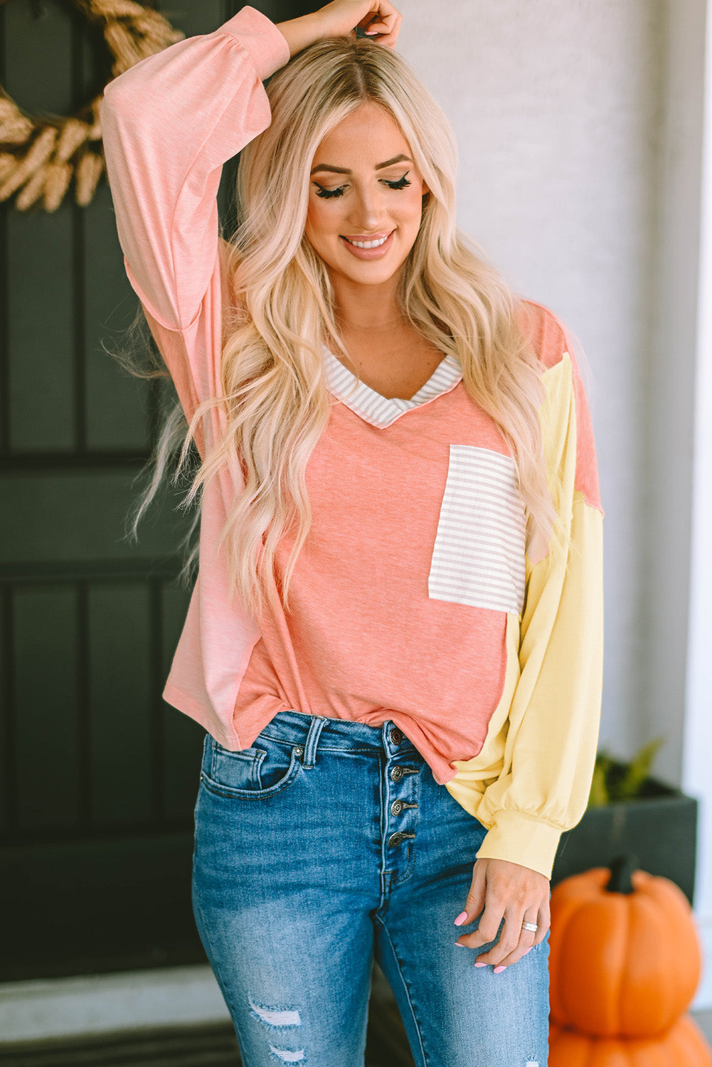 Striped Color Block Splicing Long Sleeve T Shirt-yoyobikini