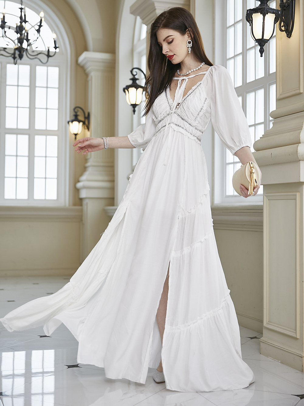 Party Dress V-Neck 3/4 Length Sleeves Backless Pleated Maxi Dress