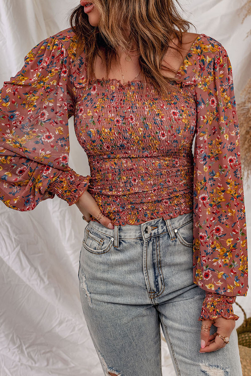Pink Floral Print Smocked Long Sleeve Top-yoyobikini