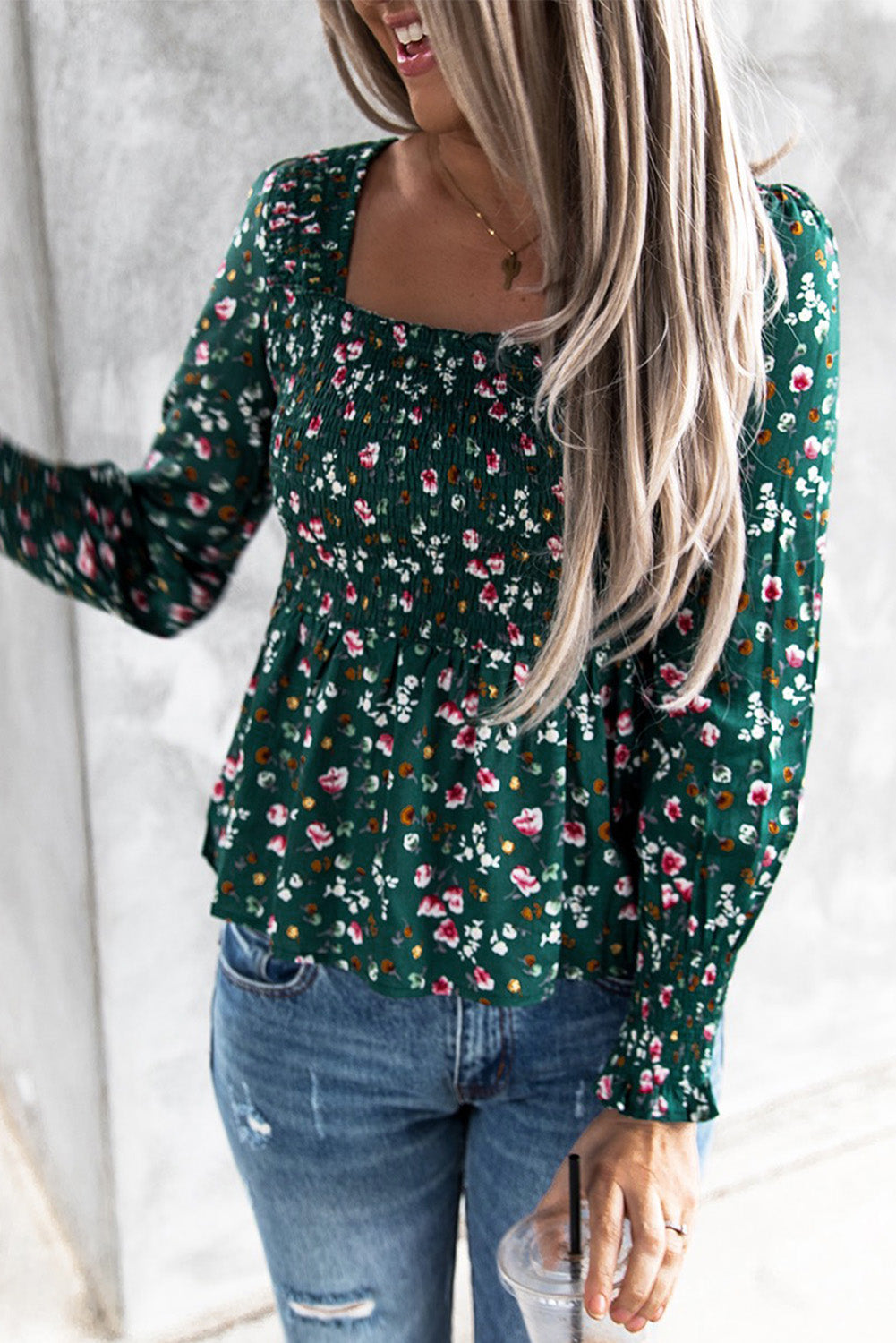 Floral Print Smocked Lace-up Square Neck Long Sleeve Top-yoyobikini