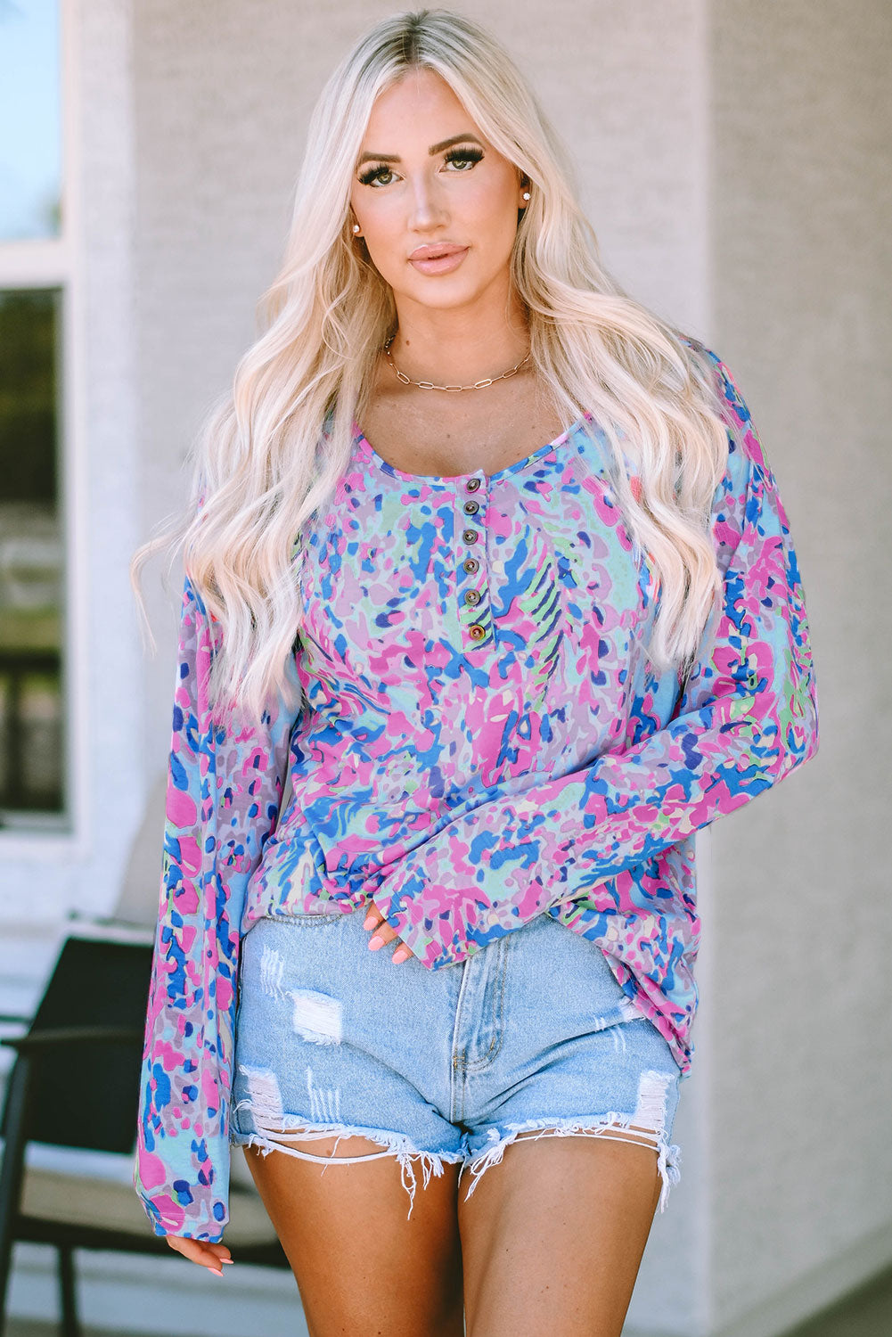 Multicolor Printed Wide Neck Thumbhole Sleeve Henley Top-yoyobikini