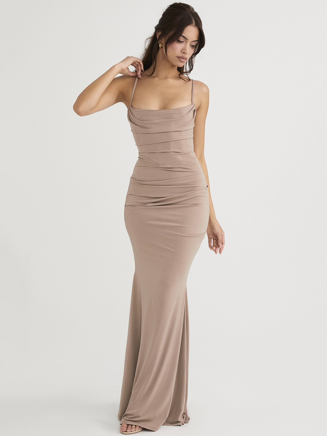 Bodycon Dresses Light Gold Sleeveless Pleated Elegant Straps Neck Layered Sheath Dress