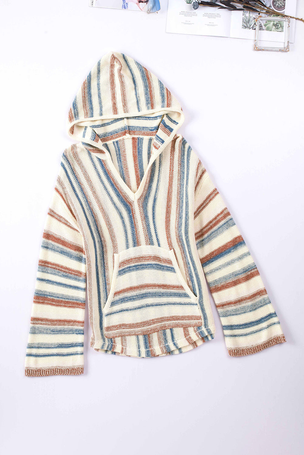 Multicolor Striped Knit Kangaroo Pocket Hooded Sweater-yoyobikini