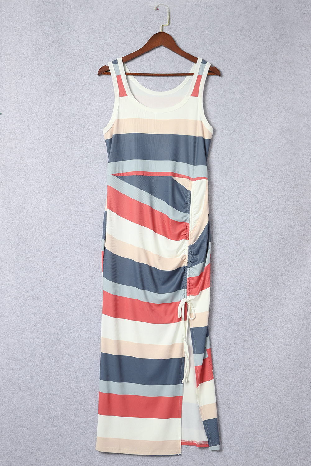 Multicolor Striped Color Block Ribbed Knit Lace-up Slit Tank Dress-yoyobikini