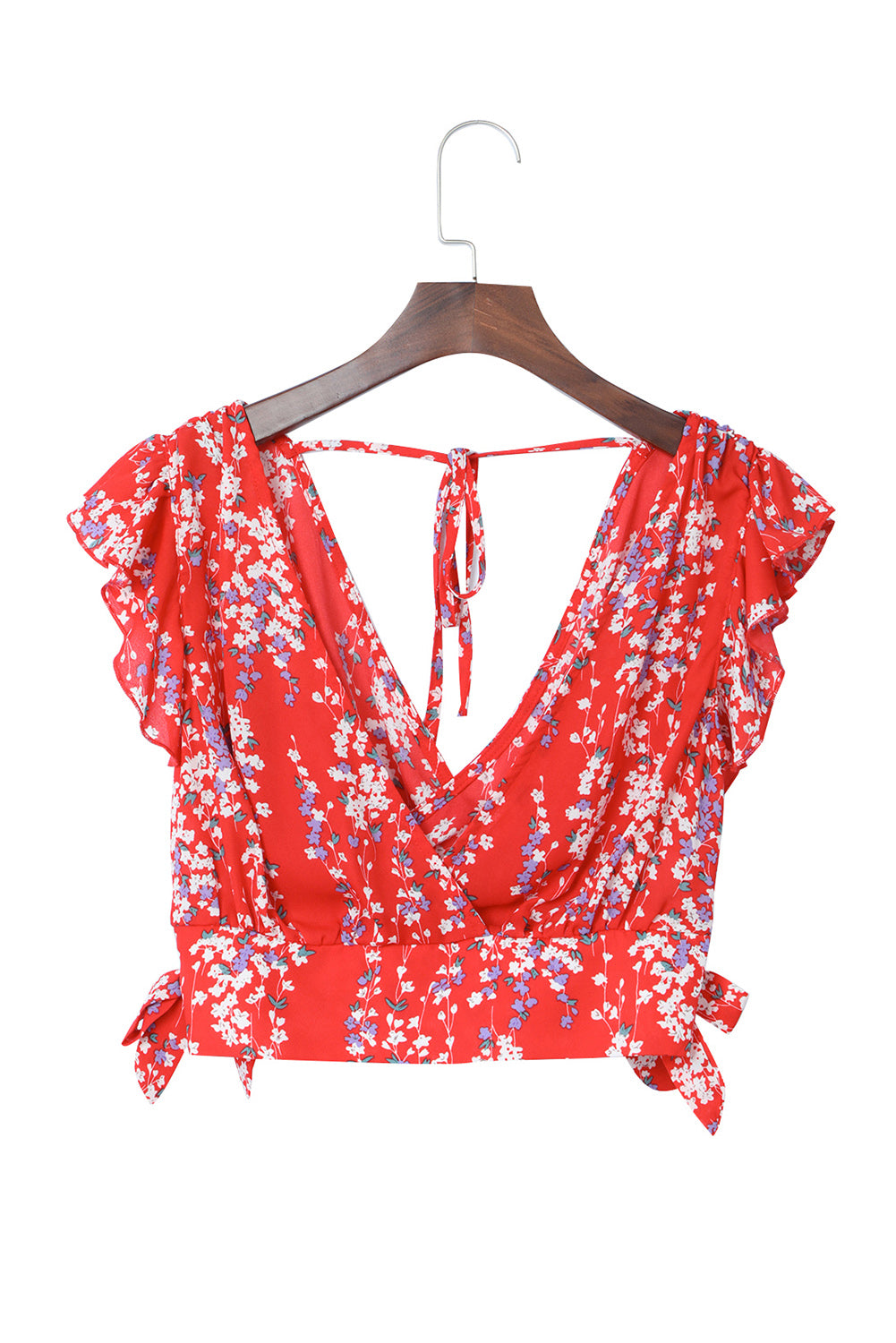Red Multicolor Floral Ruffled Crop Top and Maxi Skirt Set-yoyobikini