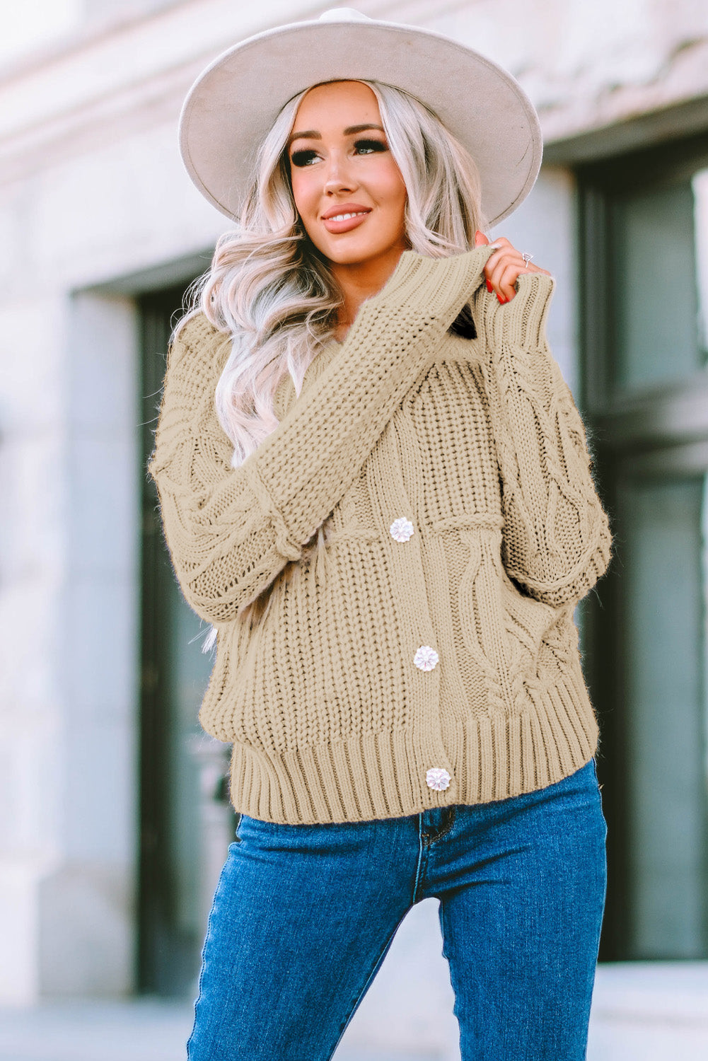 Apricot Buttons Front Patterned Texture Knit Cardigan-yoyobikini