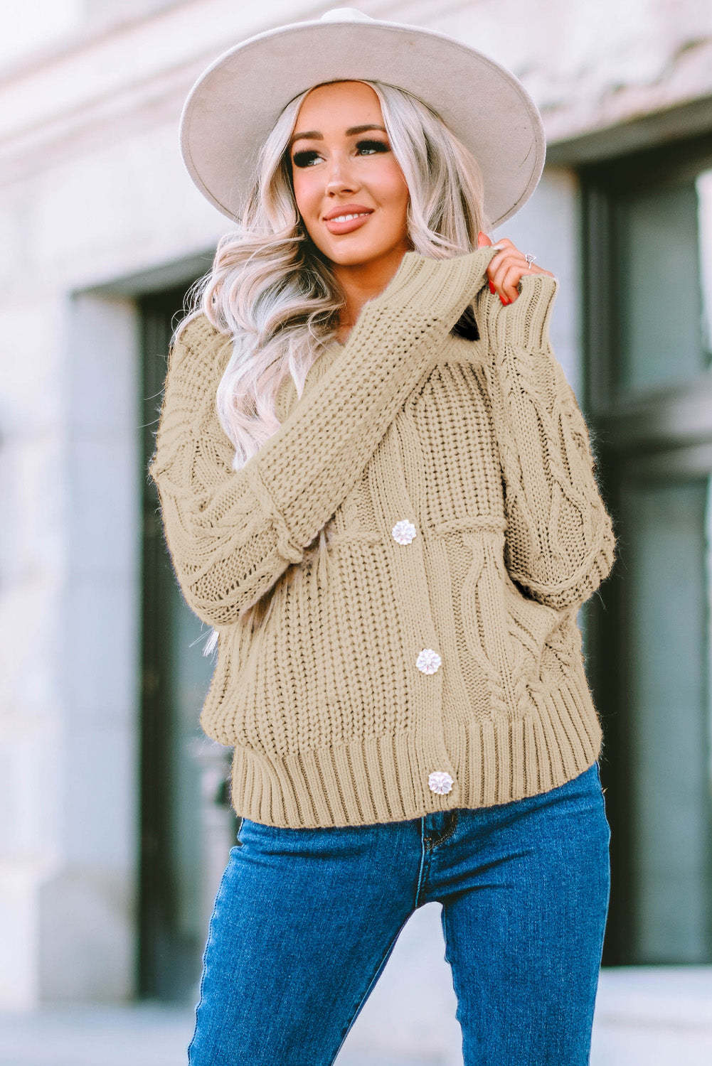 Apricot Buttons Front Patterned Texture Knit Cardigan-yoyobikini