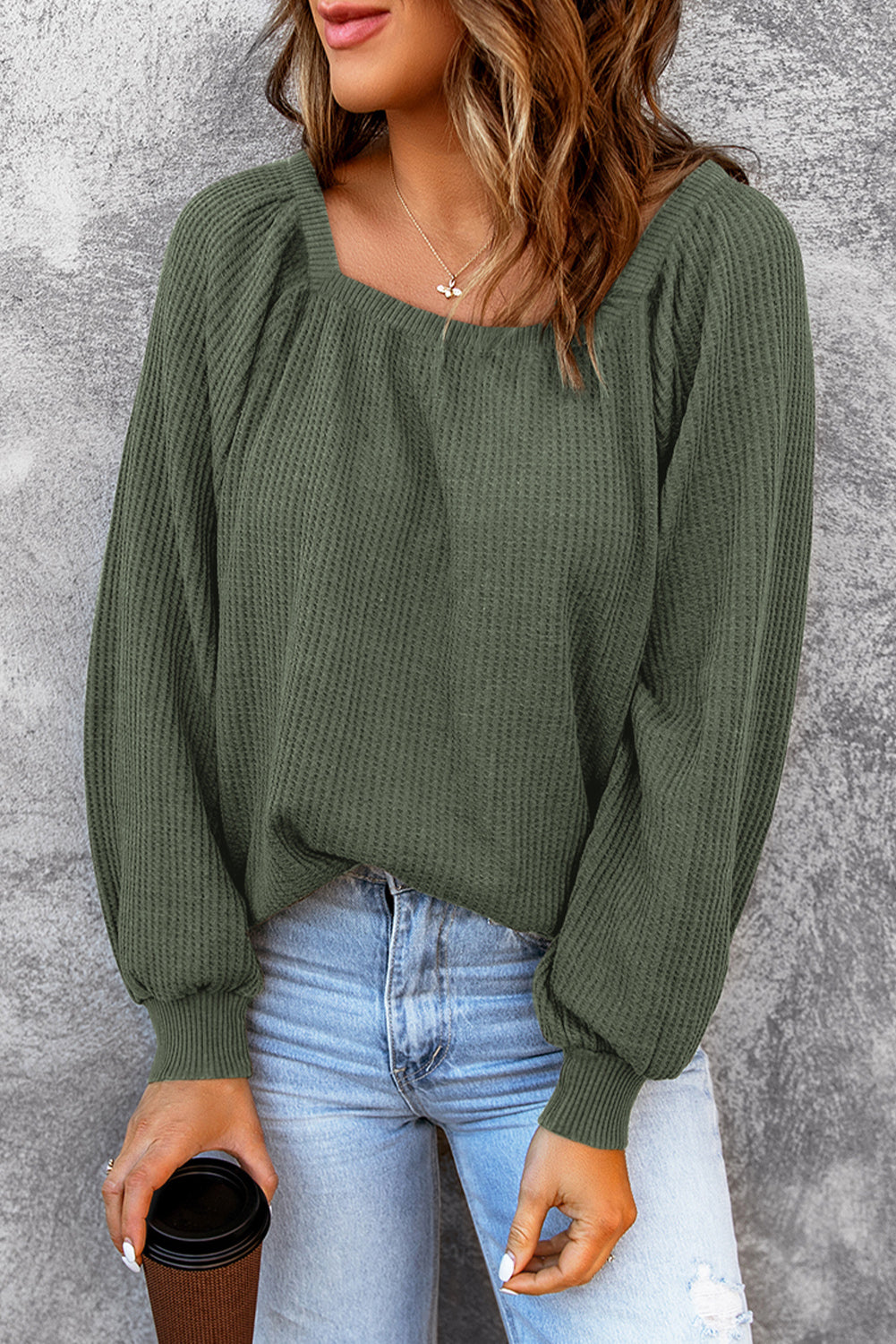 Green Scoop Neck Puff Sleeve Waffle Knit Top-yoyobikini