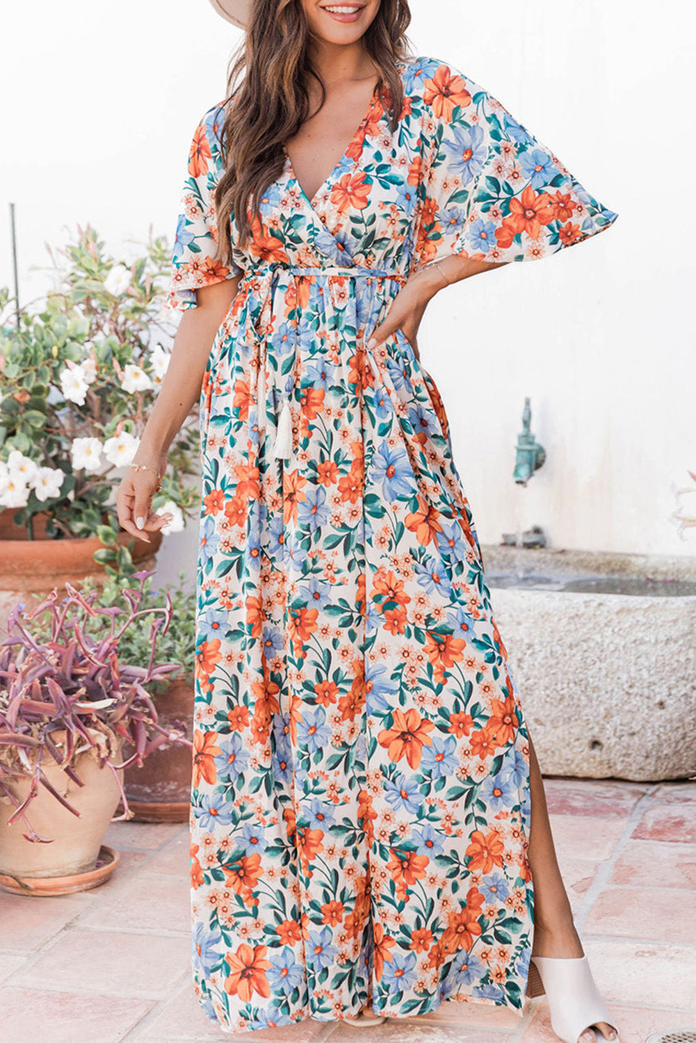Sky Blue Floral Print Wrap Belted Maxi Dress-yoyobikini